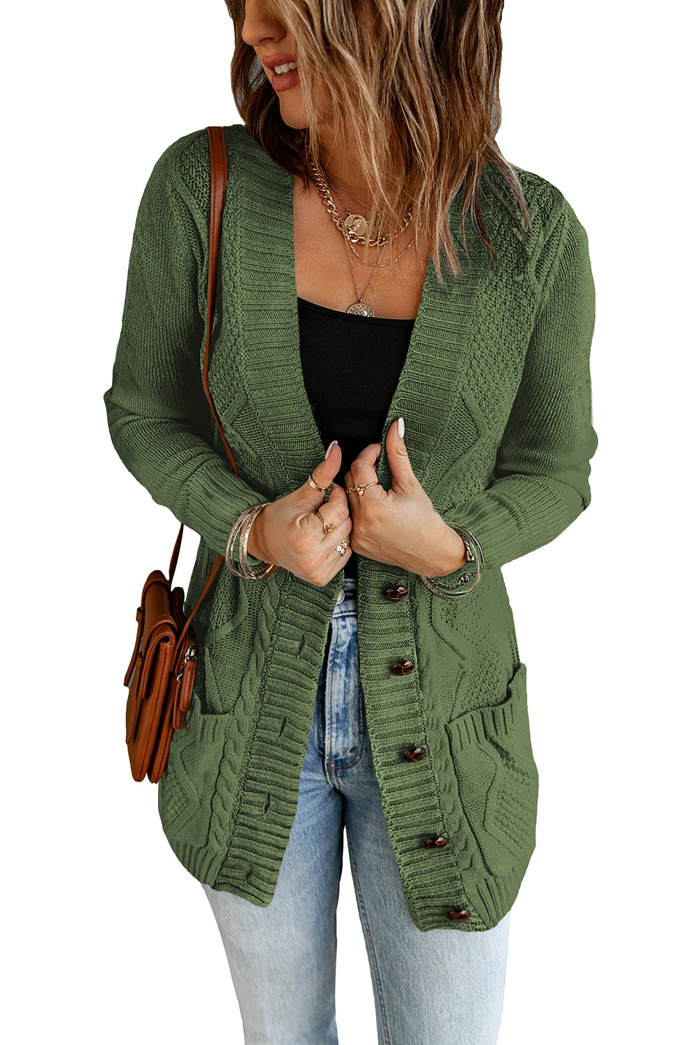 Front Pocket And Buttons Closure Cardigan | Green