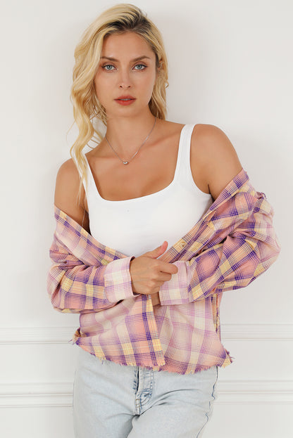 Bleached Plaid Print Exposed Seam Shirt | Purple