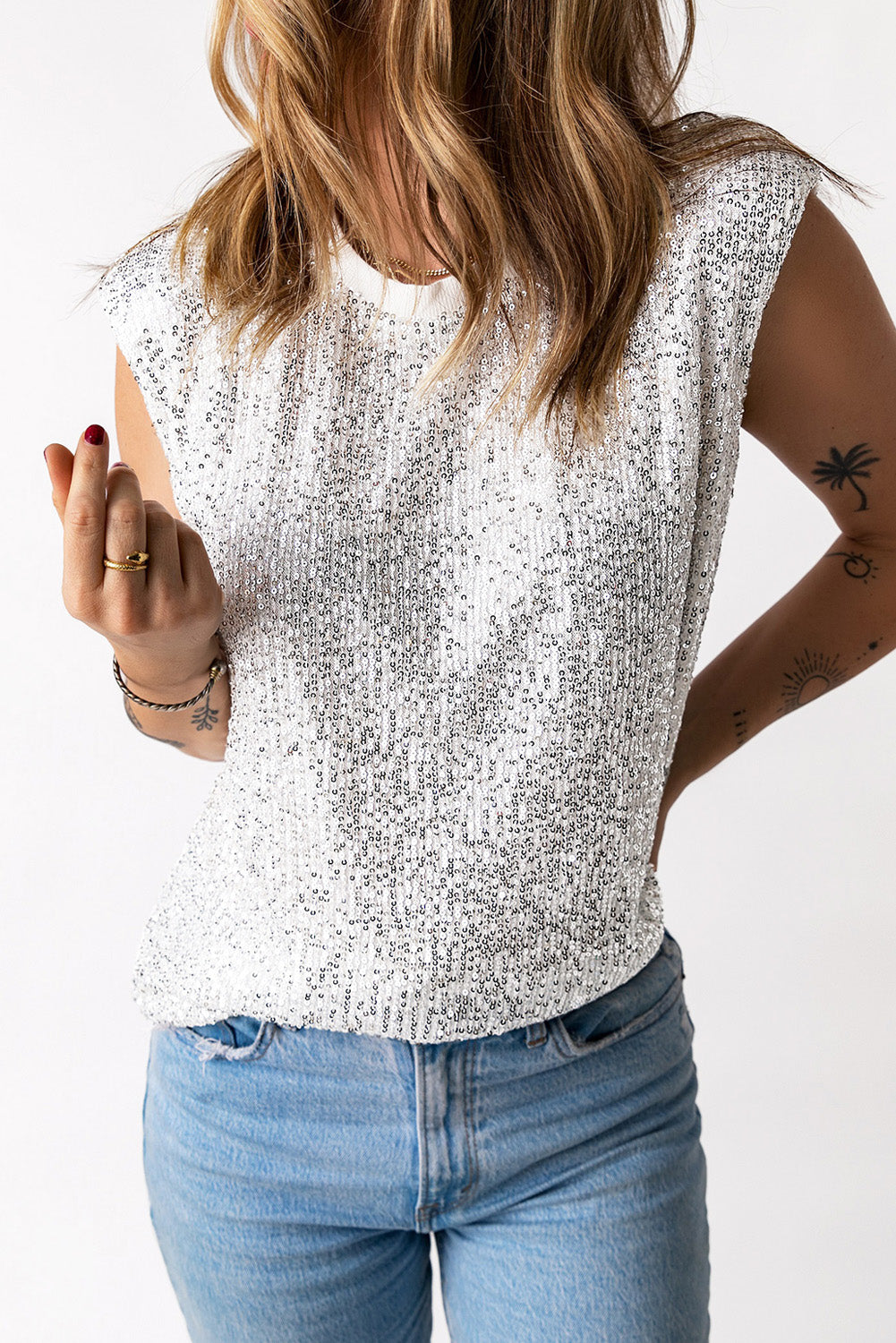 Sequin Round Neck Tank Top | Apricot