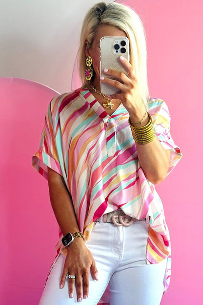 Abstract Print High Low Short Sleeve Blouse | Multicolour