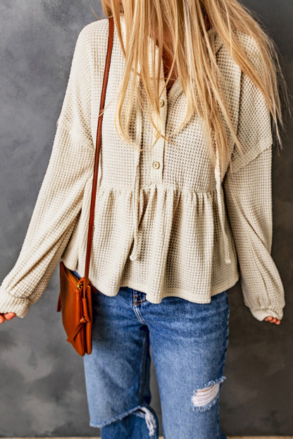 Waffle Knit Buttons Ruffled Hooded Top | Apricot