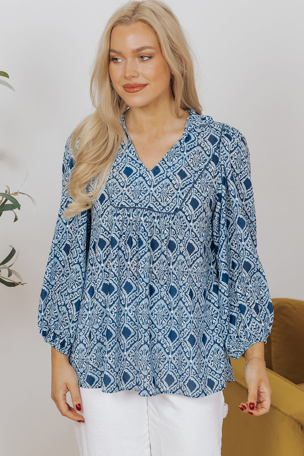 Western Geometric Print Frilled V Neck Loose Fit Blouse | Sky Blue