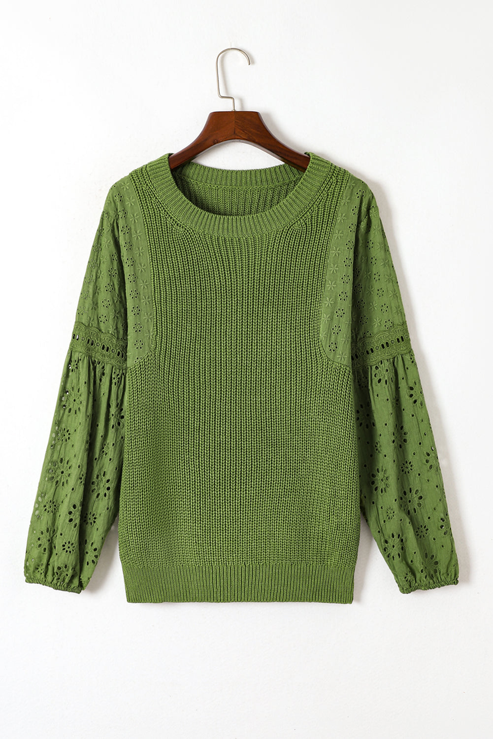 Eyelet Drop Shoulder Patchwork Pullover Sweater | Green