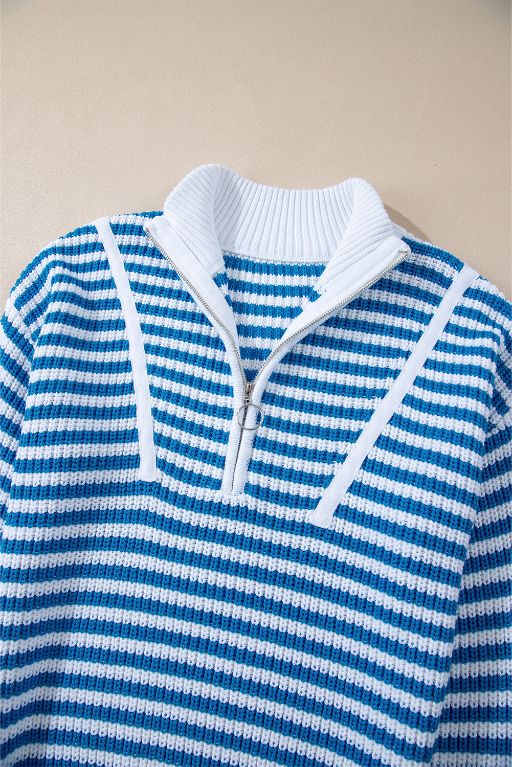 Zip Up Collar Drop Shoulder Sweater | Sky Blue Stripe