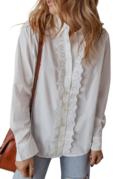 Lace Crochet Trim Turn Down Collar Buttoned Shirt | White