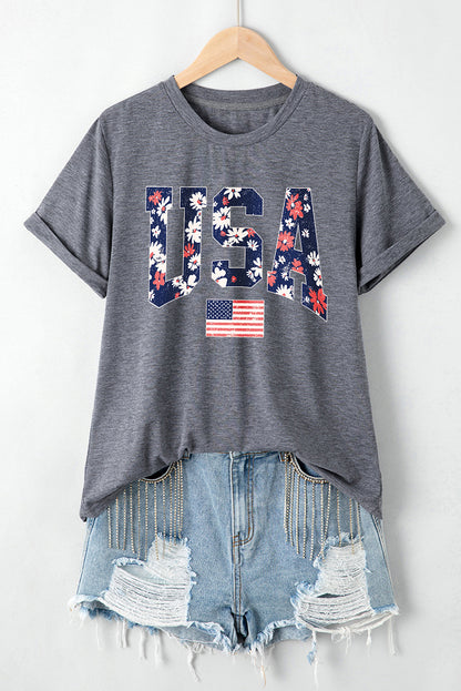 Blooming Usa Flag Print Casual T Shirt | Gray