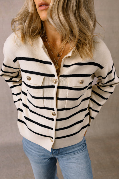 Flap Pocket Buttoned Cardigan Sweater | Black Stripe