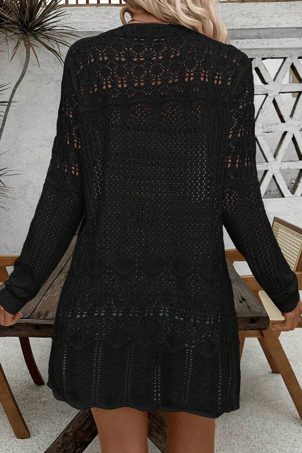 Crochet Hollow Out Open Front Cardigan | Black