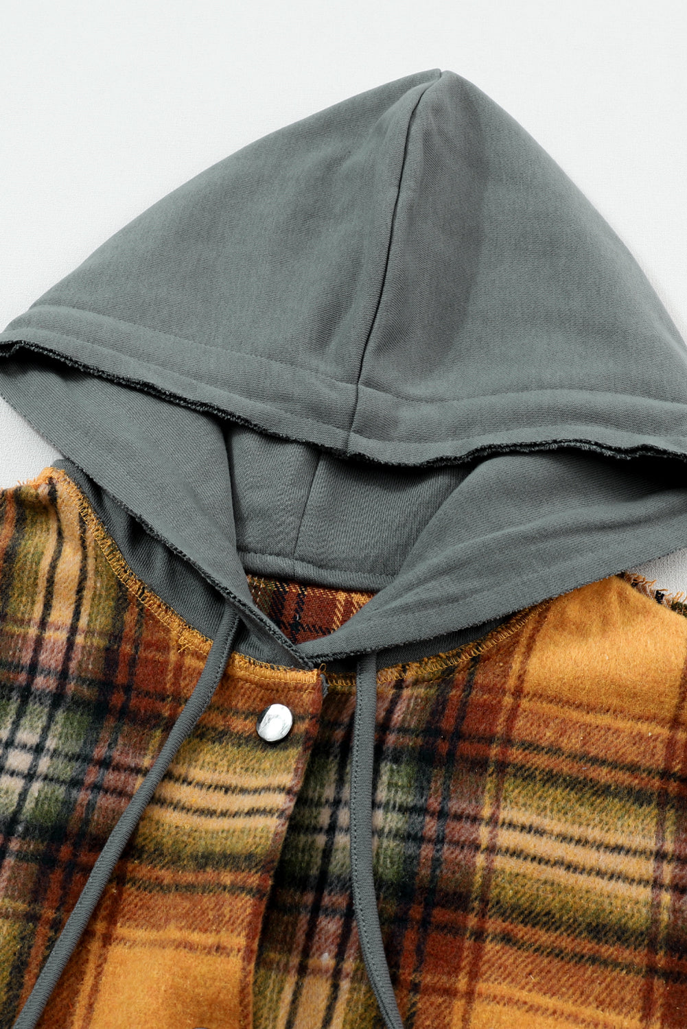 Plaid Patch Hooded Frayed Snap Button Jacket | Orange