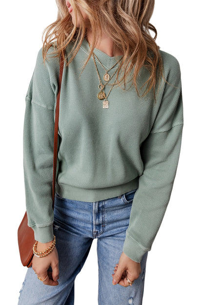 Waffle Knit Drop Shoulder V Neck Top | Clearly Aqua