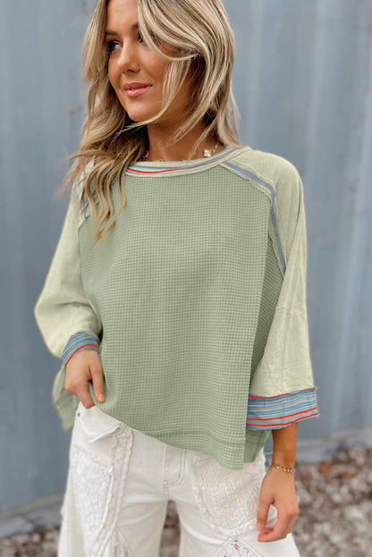 Waffle Knit Wide Bracelet Sleeve Patchwork Raglan Top | Meadow Mist Green