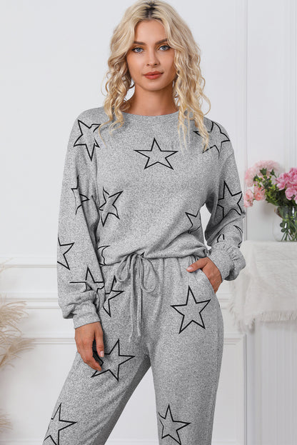 Stars Print Long Sleeve Drawstring High Waist Lounge Set | Gray