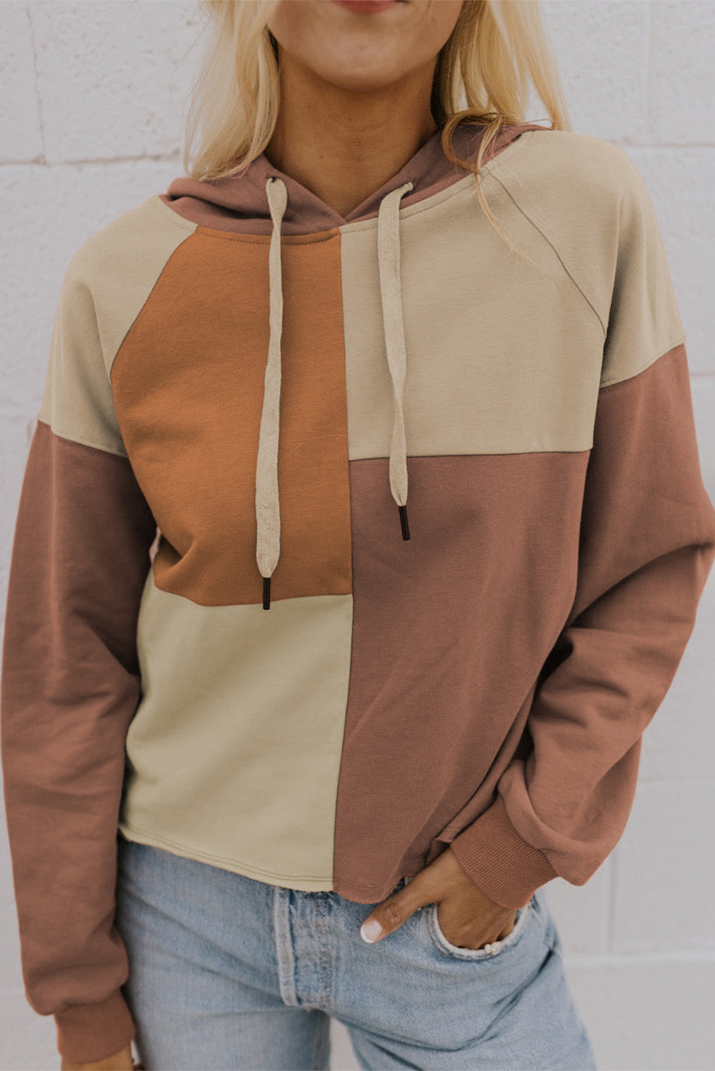 Multicolour Colorblock Raglan Sleeve Pullover Hoodie