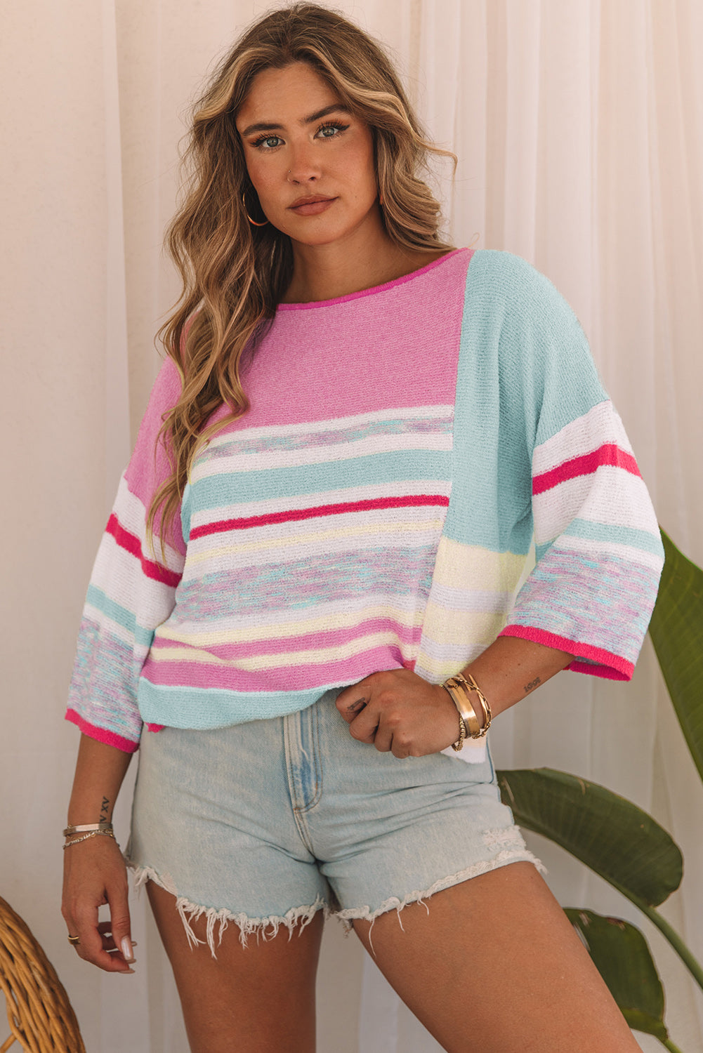 Colour Block Striped Three-Quarter Sleeve Knitted Top | Pink