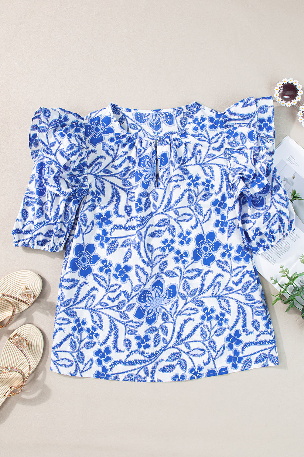 Floral Print Ruffled Bubble Sleeve Blouse | Dark Blue