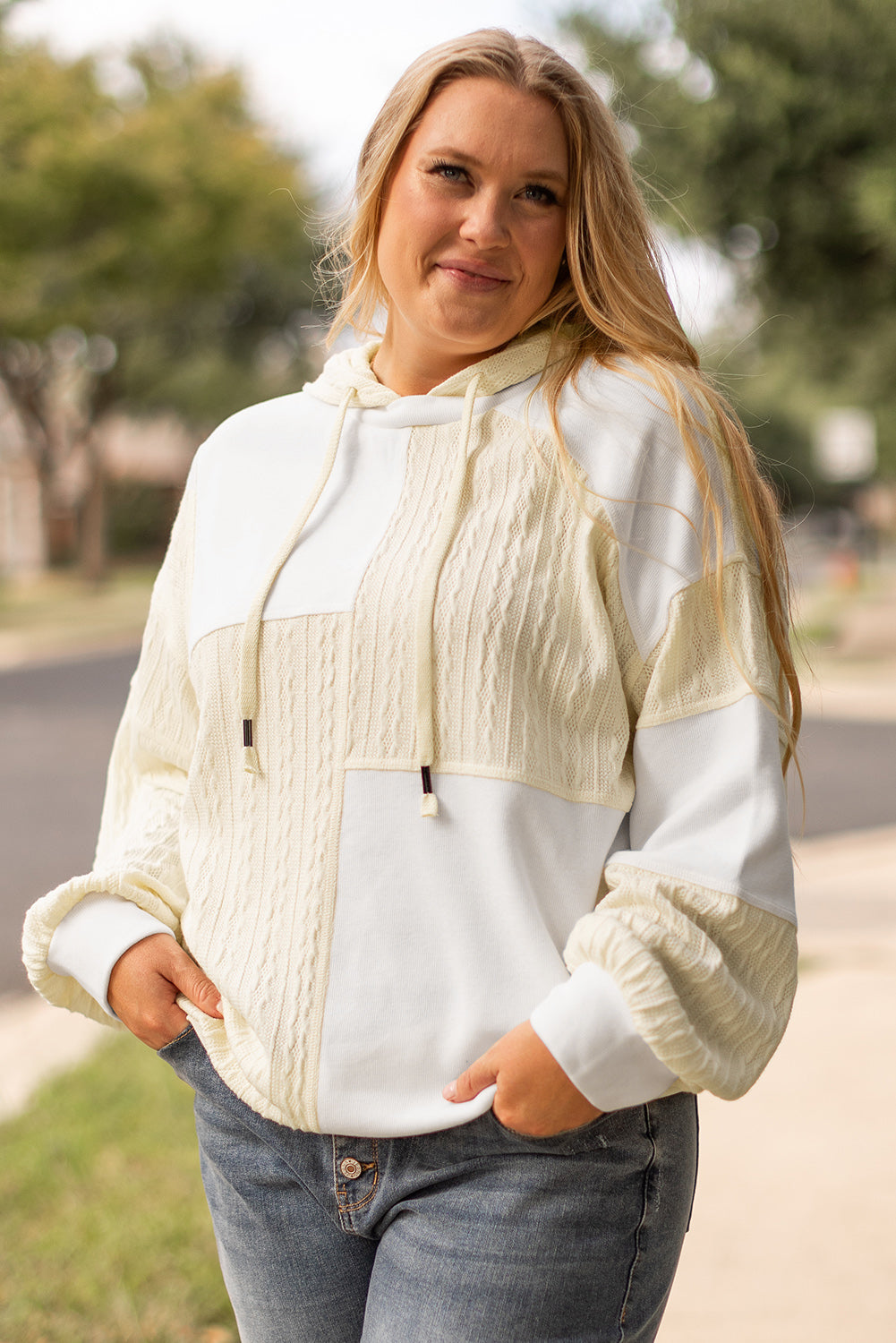 Textured Patchwork Exposed Seam Plus Size Hoodie | Beige