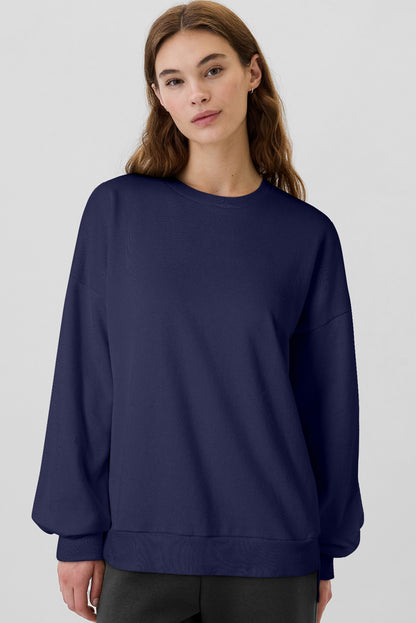 Solid Fleece Lined Drop Shoulder High Low Sweatshirt | Navy Blue