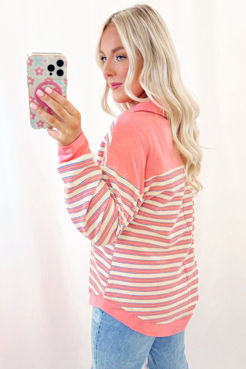 Buttoned V Neck Collared Drop Shoulder Top | Pink Stripe