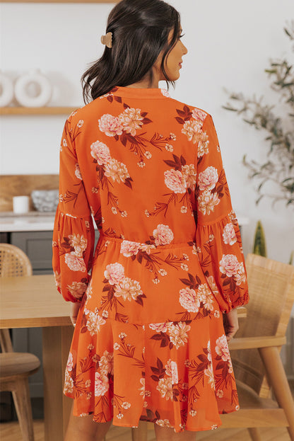 Vintage Floral Print Drawstring Flowy Dress | Orange