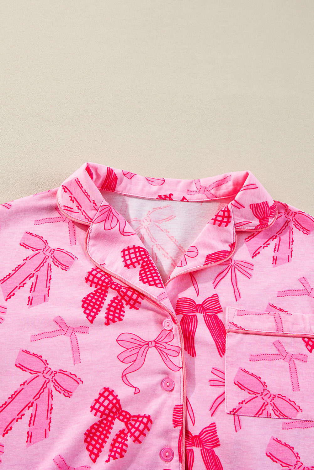 Bow Knot Print Lapel Collar Short Sleeve And Pants Pajamas Set | Pink