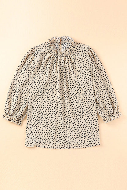 Frilled Neck 3/4 Sleeves Cheetah Blouse | Khaki