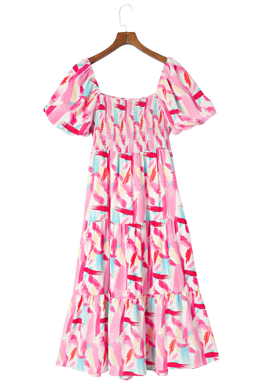 Brush Stroke Printed Smocked Ruffle Tiered Dress | Pink