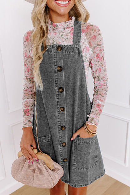 Medium Grey Wide Strap Button Front Pocketed Denim Mini Dress