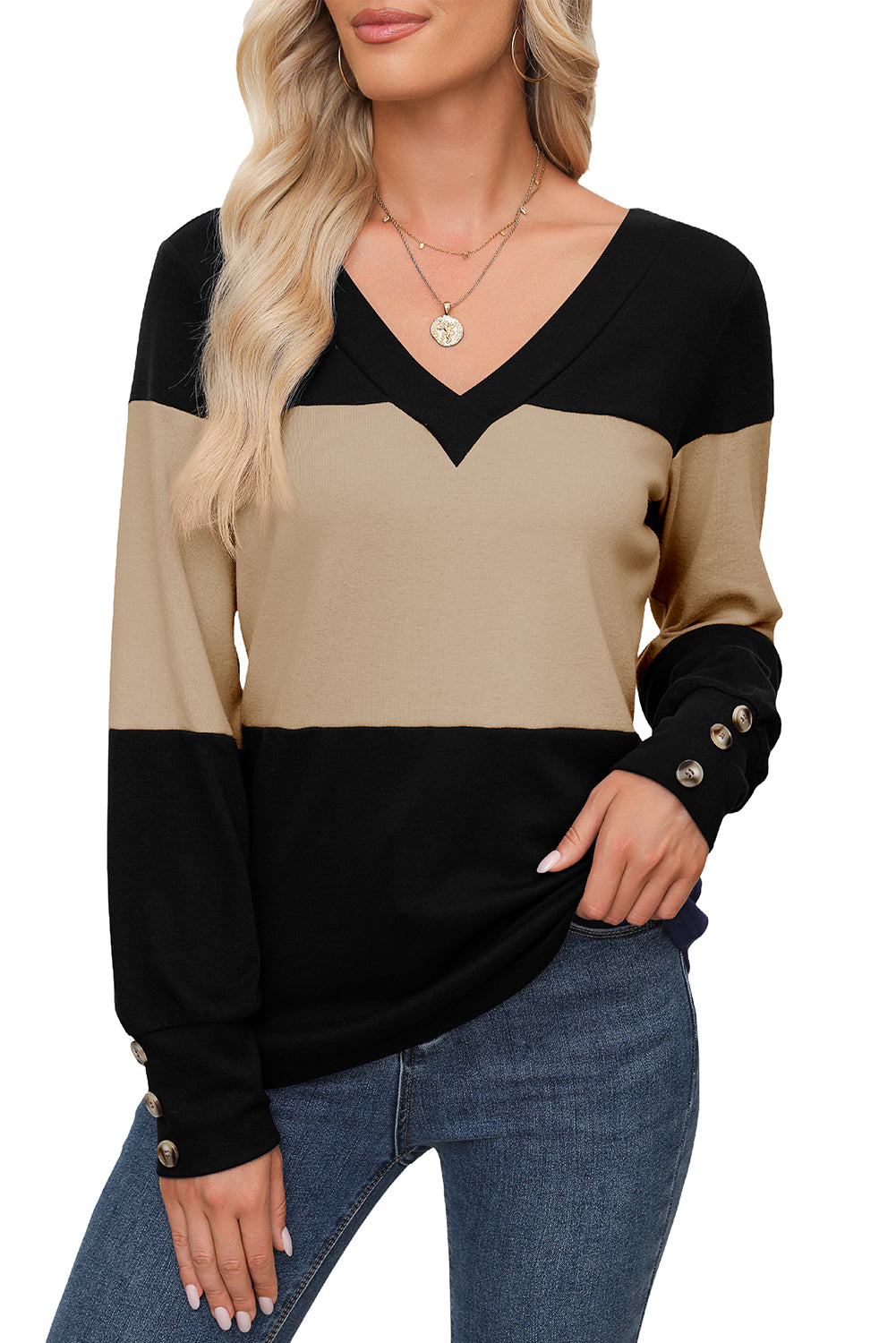 Colourblock Button Decor Long Sleeve V Neck Top | Parchment