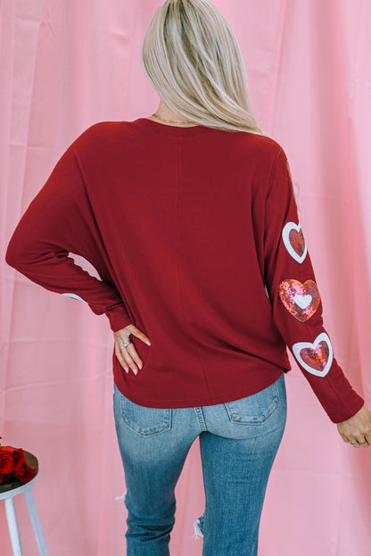 Sequined Heart Printed Sleeves Valentine Fashion Top | Red