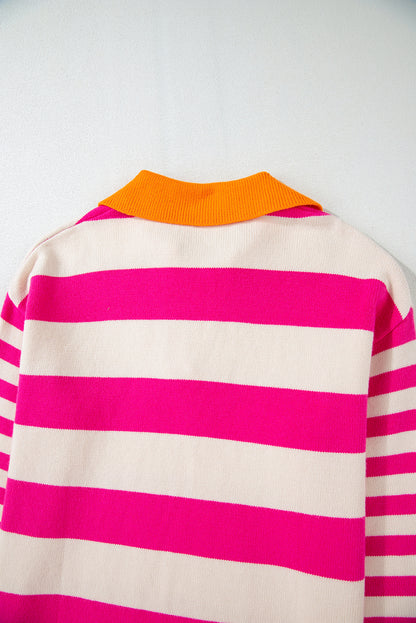 Colour Block Collared V Neck Drop Shoulder Sweater | Rose Stripe