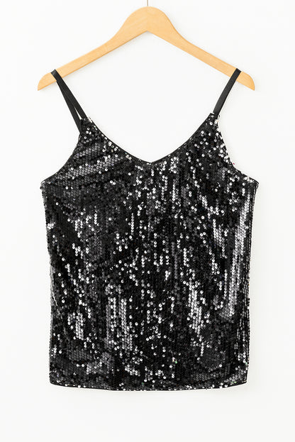 Sequined Adjustable Spaghetti Straps Tank Top | Black