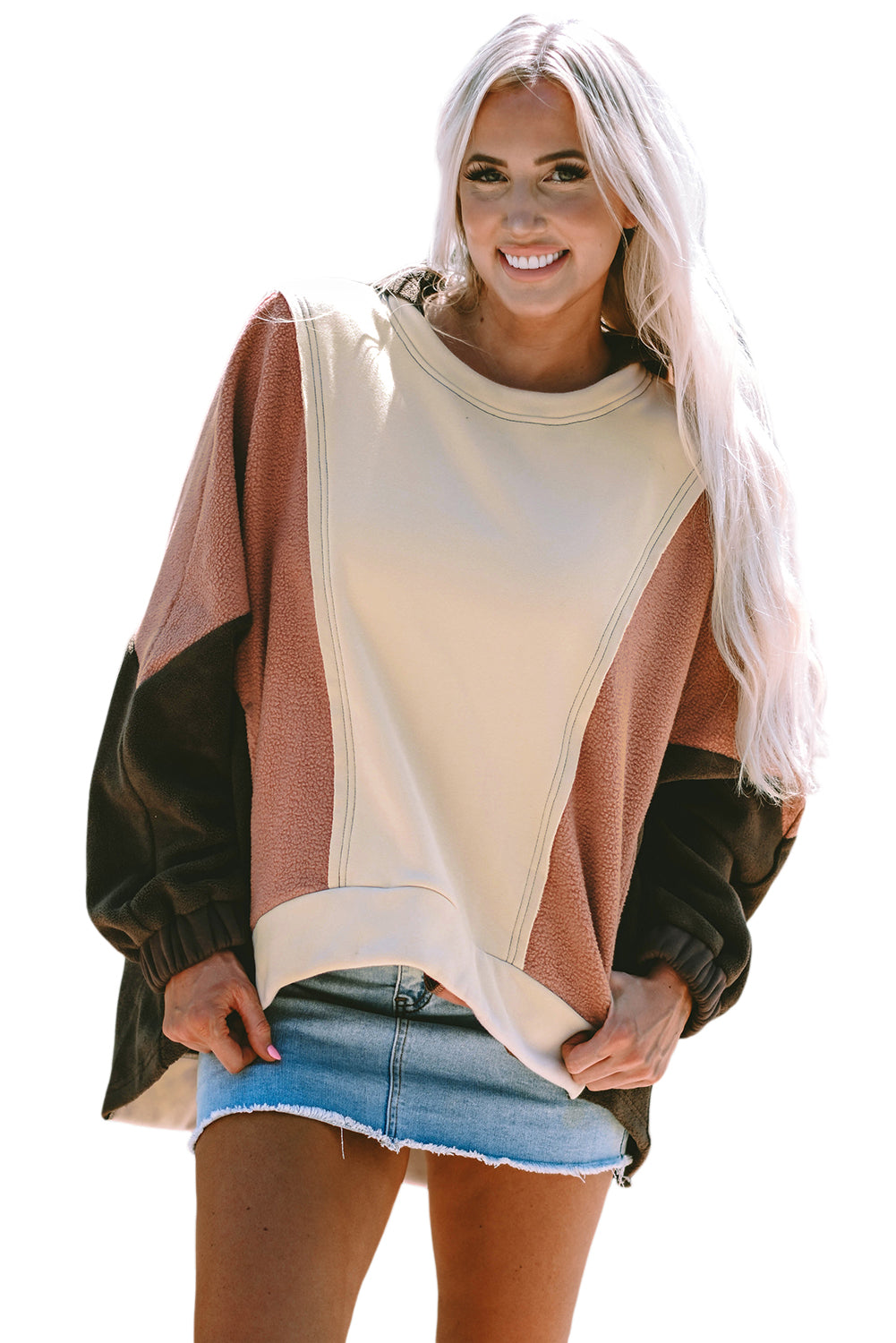 Oversized Colour Block Patchwork High Low Hoodie | Beige