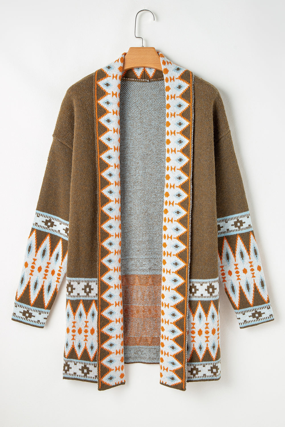 Aztec Print Open Front Knitted Cardigan | Brown