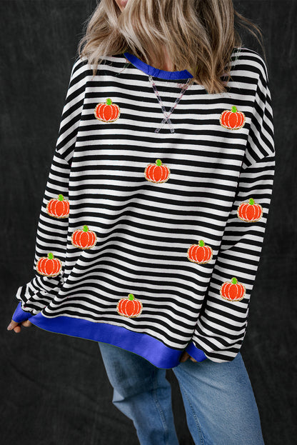 Glitter Halloween Pumpkin Print Oversized Sweatshirt | Black Stripe