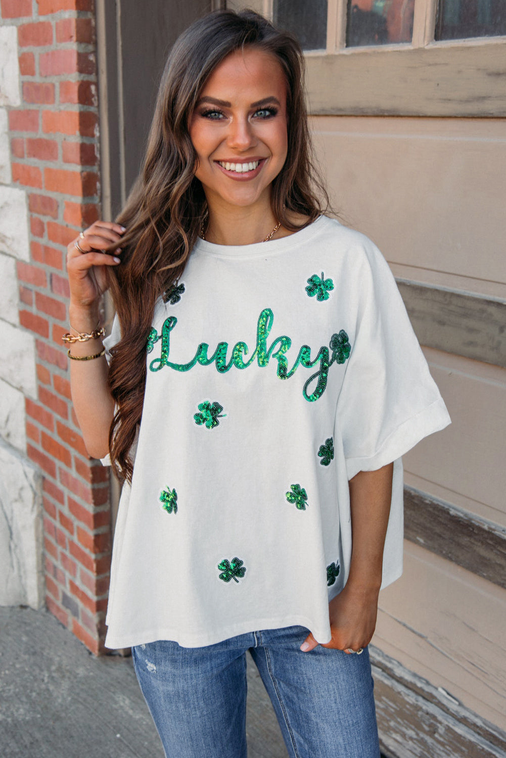 St Patrick Lucky Clover Sequin Graphic T Shirt | White