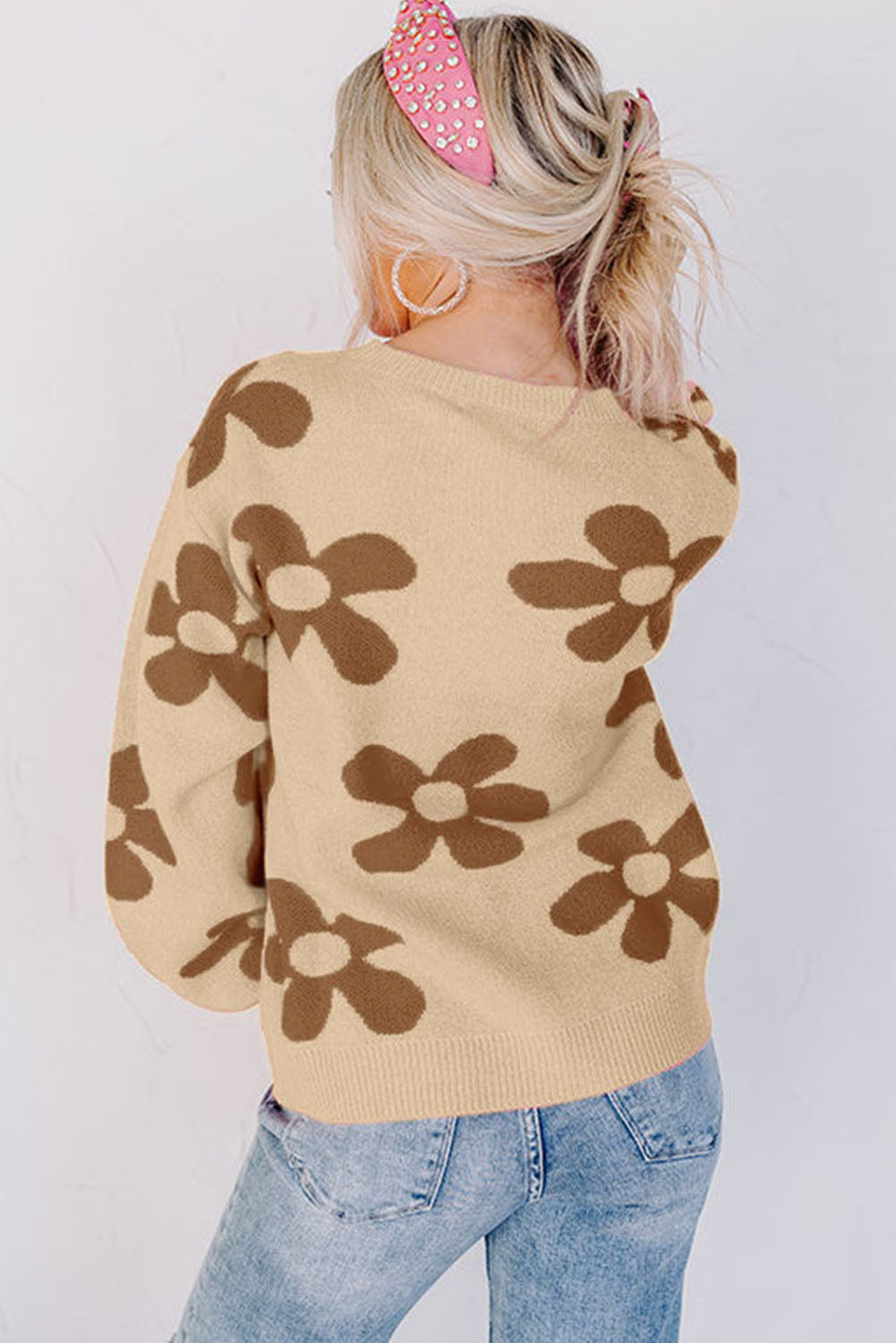 Big Flower Knit Ribbed Trim Sweater | Parchment