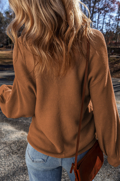 Ribbed Knit Drop Sleeve V Neck Loose Fit Sweater | Camel