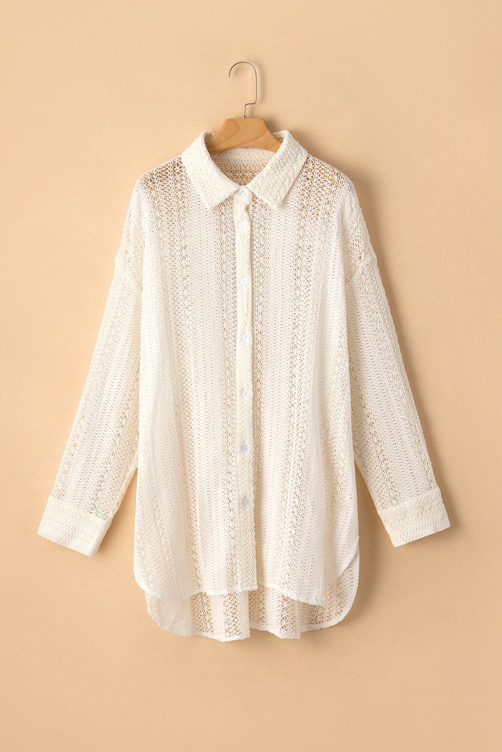 Lace Crochet Collared Tunic Oversized Shirt | Beige