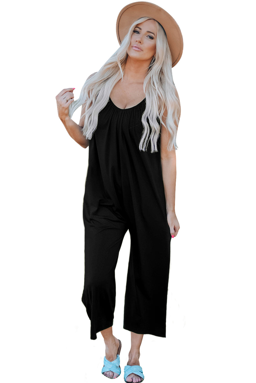 Spaghetti Straps Wide Leg Pocketed Jumpsuits | Black