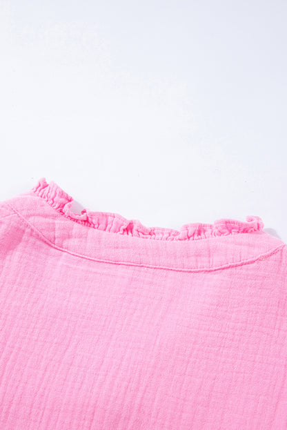 Retro Frilled Seam Crinkle Puff Sleeve Blouse | Pink