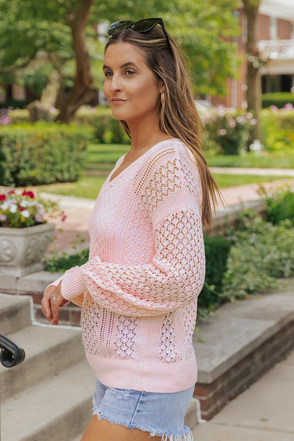 Loose Pointelle Knit Ribbed V Neck Sweater | Pink