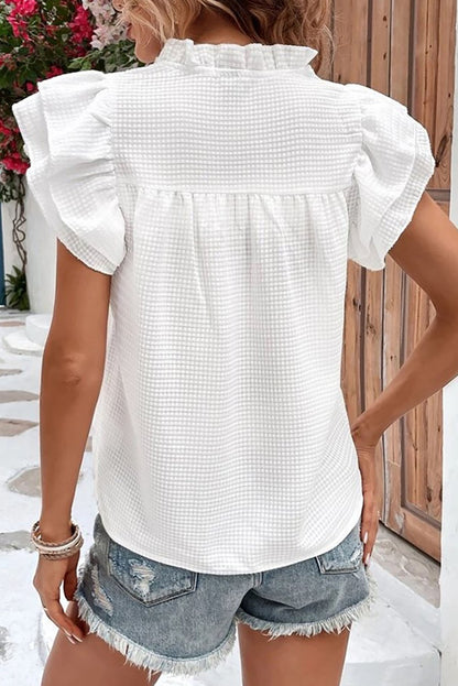 Ruffle Accent Flutter Sleeve Notch Neck Top | White