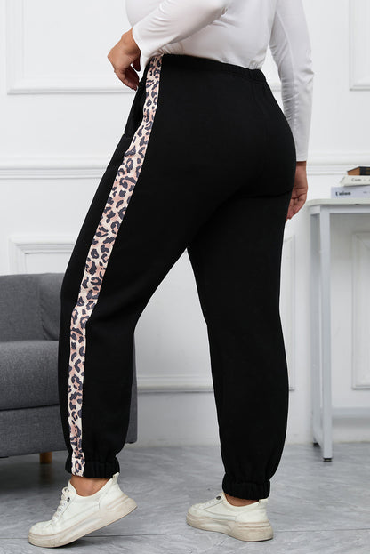 Plus Size Contrast Leopard Side Panel Joggers | Black