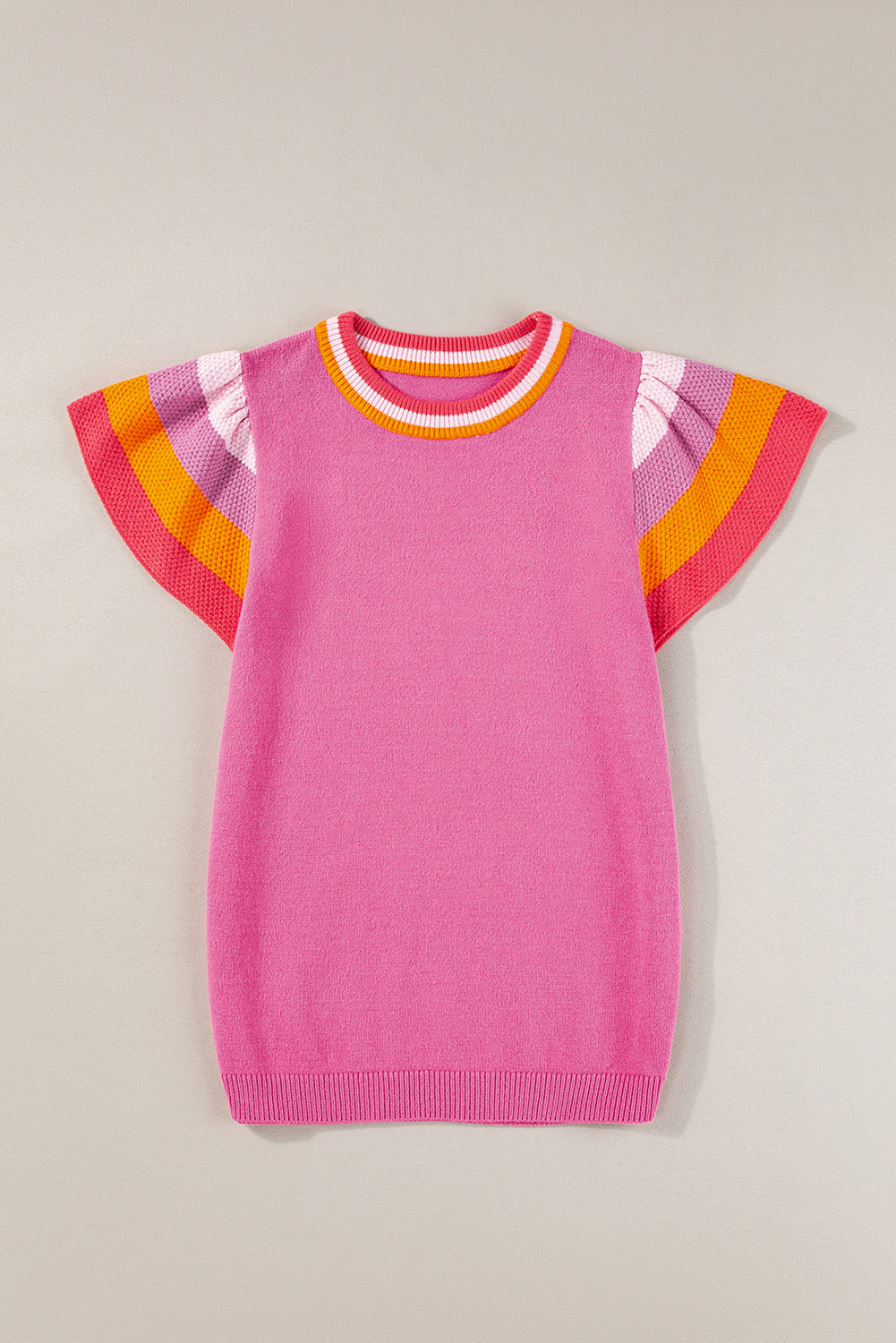 Contrast Flutter Sleeves Knitted Sweater T Shirt | Bright Pink