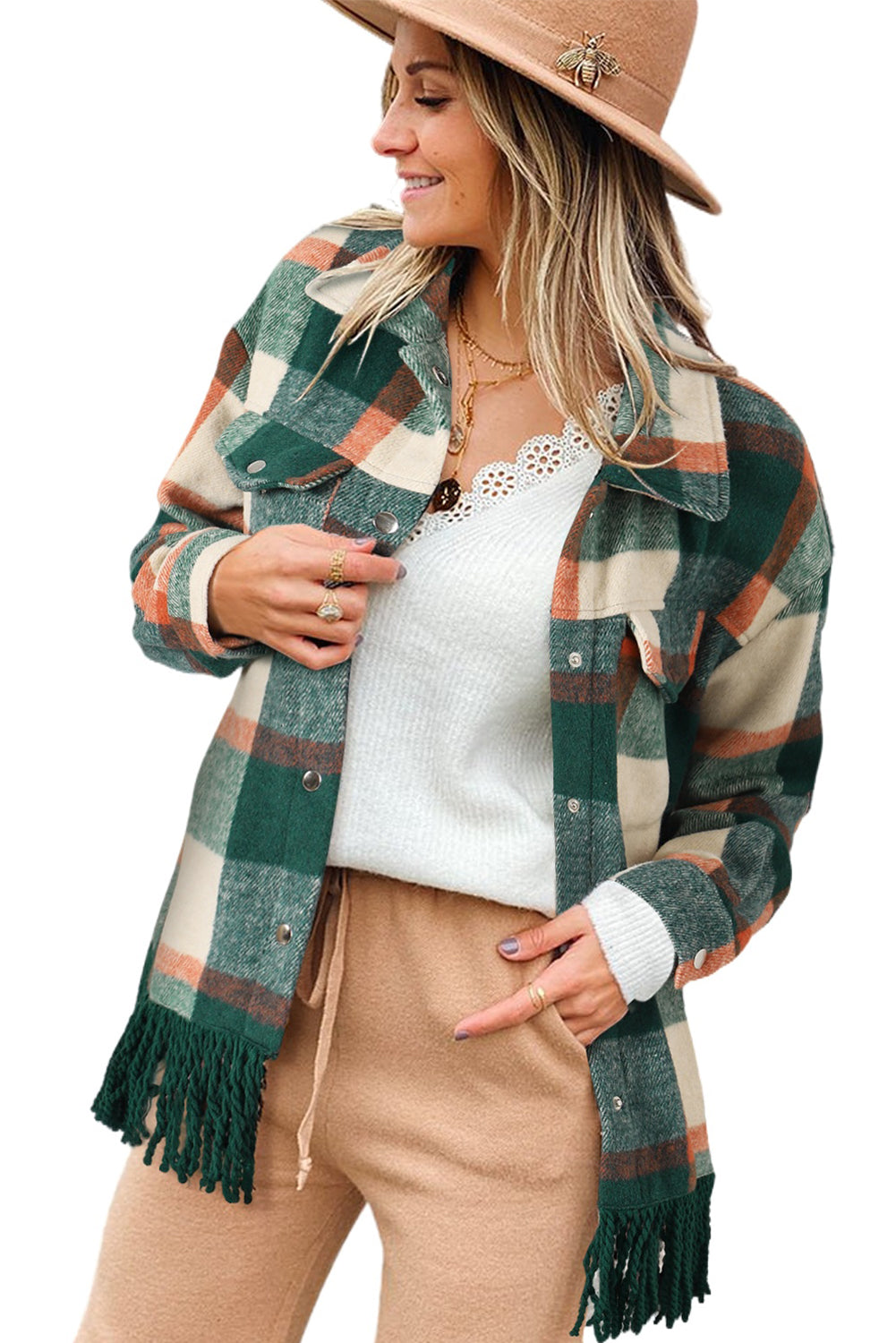 Plaid Snap Button Pocket Fringed Hem Jacket | Sea Green