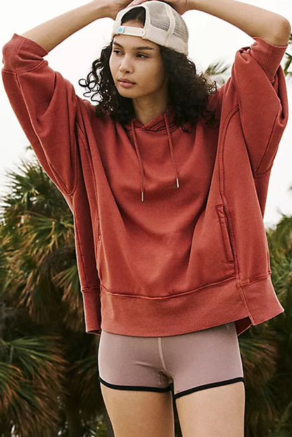 Drop Shoulder Pocketed Baggy Drawstring Hoodie | Red Clay