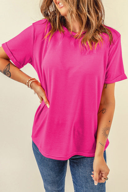 Casual Plain Crew Neck Tee | Rose Red