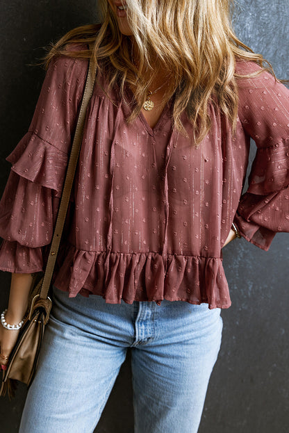 Fiery  Swiss Dot Lace Up V Neck Ruffled Blouse | Red