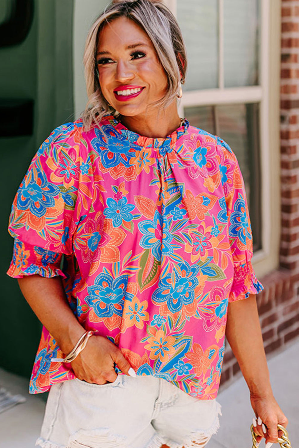 Plus Floral Print Frilly Neck Puff Sleeve Blouse | Rose