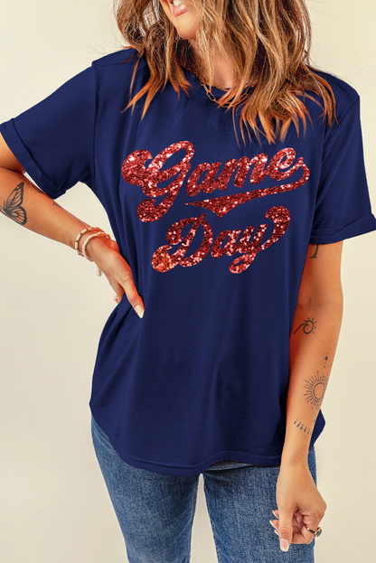 Glittering Game Day Graphic Cuffed Sleeve Crew Neck T Shirt | Blue